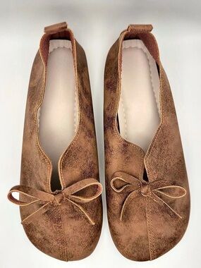 Women’s Brown Ballet Flats Bow Soft Faux Leather Shoes Size 39